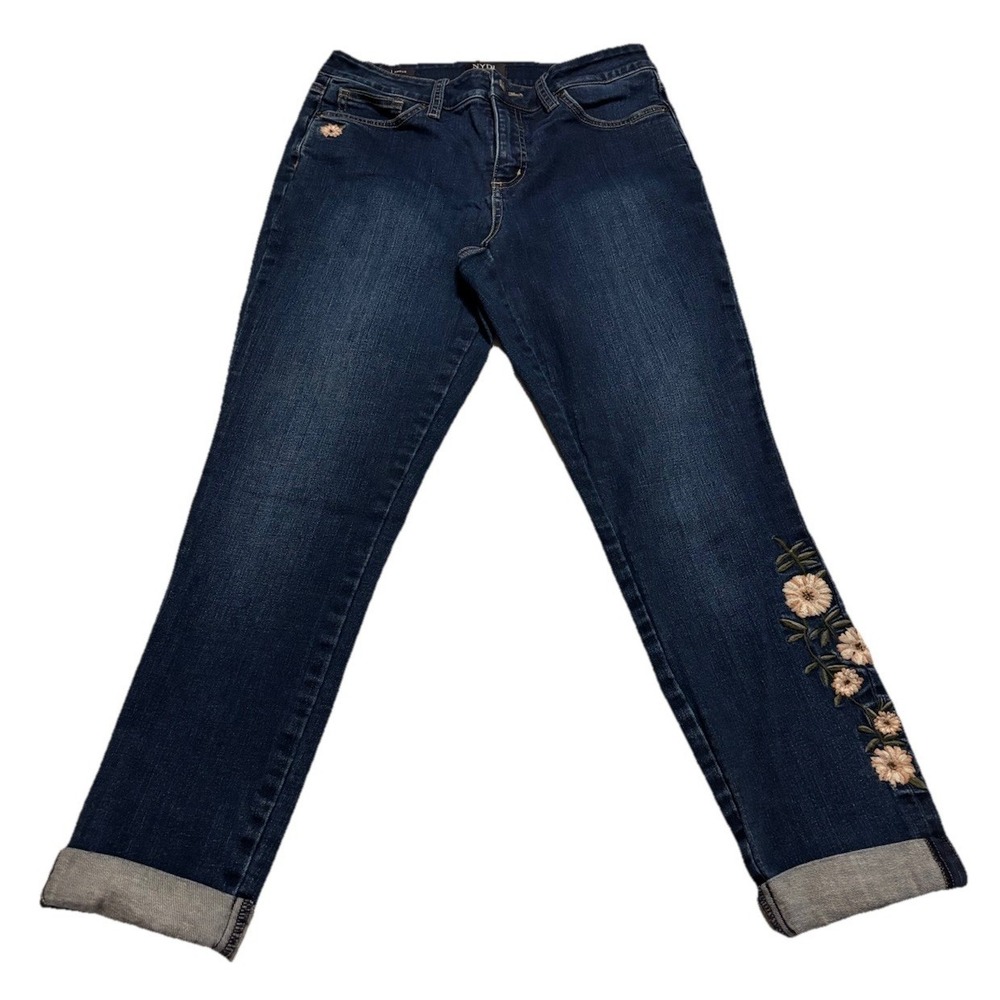 NYDJ Alina Ankle Cuffed Skinny Jeans Size 6 Women's Blue Embroidered Lift & Tuck